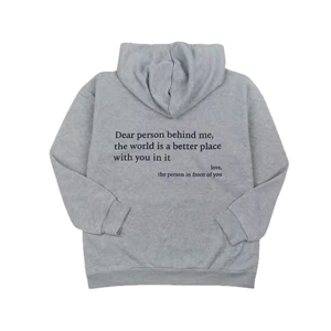 Oversized grey drawstring hoodie with inspirational back print and ribbed cuffs