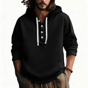 Men's black hooded henley sweatshirt with wooden buttons and contrast white drawstrings