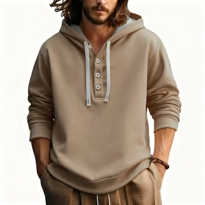 Men's khaki hooded sweatshirt with four-button Henley neck and white drawstrings