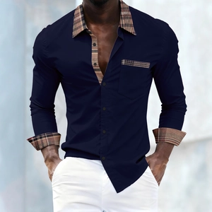 Men's slim fit long sleeve shirt with navy blue body and plaid collar and cuff contrast