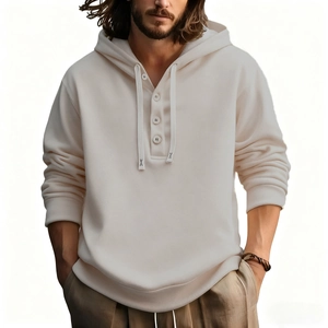 Men's fashion cream hoodie with a buttoned henley neck and comfortable drawstring hood