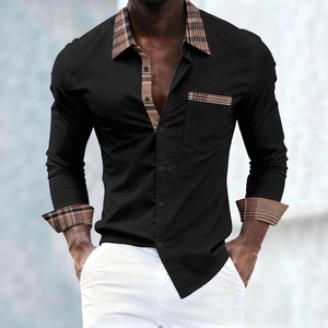 Men's casual black long sleeve shirt with brown plaid patchwork collar and pocket
