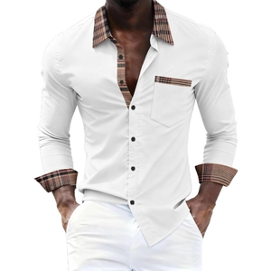 Men's white long sleeve shirt with brown plaid patchwork collar and pocket detail