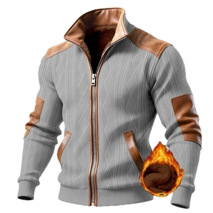Men's gray knit jacket with brown leather accents and warm fleece lining
