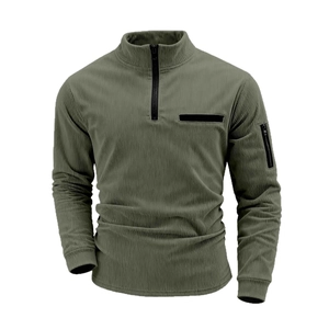 Men's olive green corduroy polo shirt with quarter zip and sleeve pocket detail