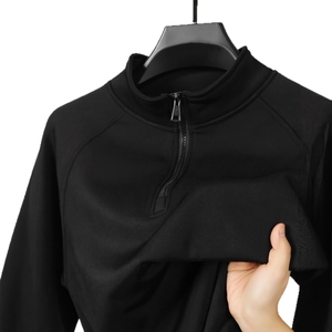 Men's black quarter-zip long sleeve polo shirt with textured fabric and stand collar