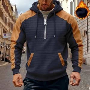 Men's outdoor fleece-lined color block hoodie with half-zip and quilted texture design
