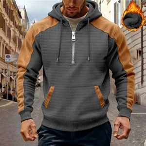 Men's two-tone hooded sweatshirt with quilted texture and fleece lining for winter warmth