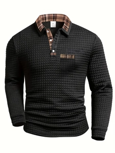 Detail of waffle knit texture and plaid patchwork on the collar of a men's polo shirt