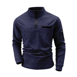 Men's navy waffle knit polo shirt with sleeve zipper pocket and half-zip stand collar