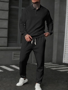 Men's black long sleeve polo and joggers set with 3D chevron texture in urban street style