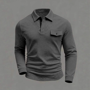 Men's Casual Long Sleeve Polo Shirt Waffle Grid Texture Cotton Blend Slim Fit Top With Button Chest Pocket Contrast Placket