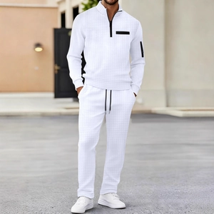 Men Waffle Knit Quarter Zip Long Sleeve Pullover And Drawstring Sweatpants Tracksuit For Casual Sports Fashion