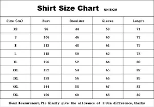 Detailed size chart for 3D printed slim fit shirt ranging from size XS to 5XL