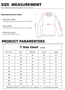 Detailed size chart for long sleeve 3D printed T-shirts from XS to 6XL in centimeters