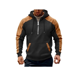 Men's hooded thermal hoodie with color block design, waffle texture and front kangaroo pocket