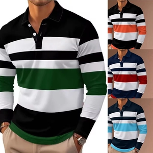Polo Homme Décontracté à Rayures Manches Longues Color-block Patchwork Col Rabattu Respirant Mode Urbaine Tops