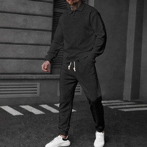 Men's Casual Two Piece Polo Shirt And Pants Set Wheat Texture Long Sleeve Polo Top Drawstring Long Pants For Men Autumn Fashion Streetwear