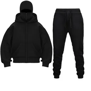 Macro detail of black techwear tracksuit featuring full-zip mask hoodie and tapered joggers