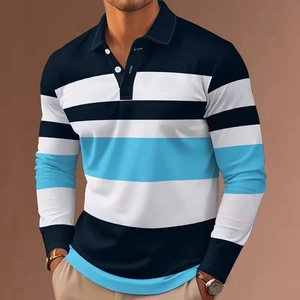 Polo homme à manches longues cintré avec rayures horizontales bleu marine et ciel
