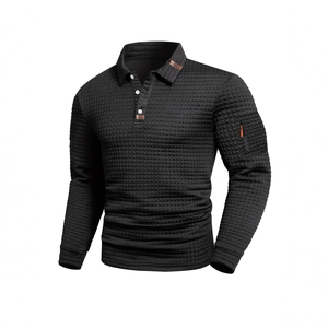 Men's Casual Waffle Texture Long Sleeve Polo Shirt Lapel Patchwork Top With Decorative Sleeve Zipper Pocket Outdoor Fashion