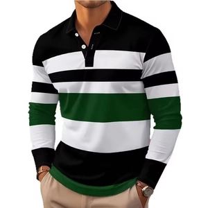 Polo à manches longues pour hommes avec motif classique à rayures noires blanches et vertes