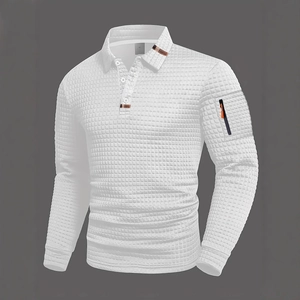 White waffle textured long sleeve polo shirt for men with a unique arm zipper pocket