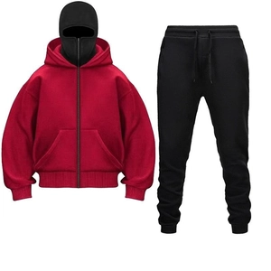 Three-piece casual tracksuit featuring a red zip hoodie, black joggers, and tactical mask