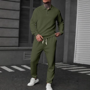 Men's dark green long sleeve Polo shirt and joggers set with textured wheat pattern fabric