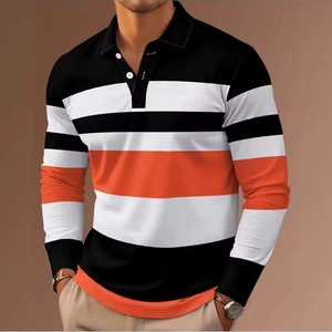 Polo ajusté à manches longues pour hommes avec larges rayures noires, blanches et oranges