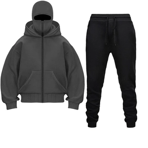 Men's charcoal black full-zip hoodie with built-in face mask and matching joggers set