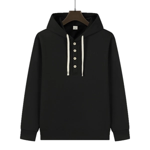 Men's premium black hoodie with button-down collar and white drawstring accents