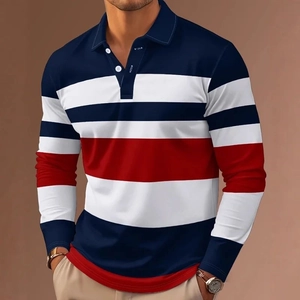 Polo à manches longues pour hommes avec rayures bleu marine et rouges et col blanc