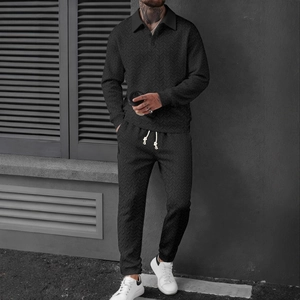 Men's black long sleeve Polo shirt and pants set with geometric wheat grain texture