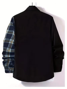 Rear view of black long-sleeve jacket with blue and yellow plaid patchwork sleeve detail