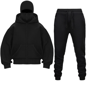 Men's black casual tracksuit with integrated face mask hoodie and matching jogger pants