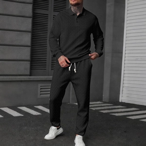 Men black long sleeve polo shirt and joggers set with premium chevron texture fabric