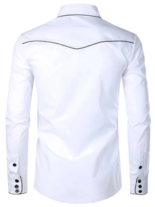 Detail view of men's white long sleeve shirt featuring black contrast piping and buttons