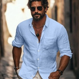 Men's light blue four-way stretch slim fit long sleeve business shirt with chest pocket