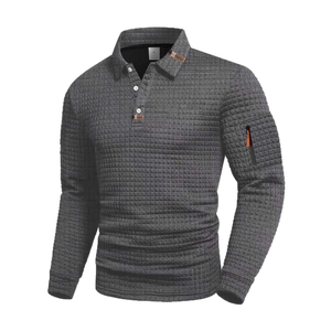 Men's dark grey long sleeve waffle knit polo shirt with stylish orange zipper sleeve pocket