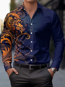 Detail of navy blue and gold baroque floral print on men's long sleeve slim fit shirt