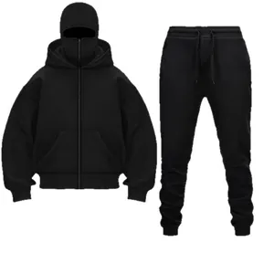 Men's black hooded sports tracksuit with full zip jacket and matching joggers