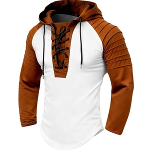 Herren Casual Langarm Kapuzenhemd Schnürkragen Farbblock Plissee Ärmel Streetwear Mode Splicing Kapuzenpullover Top