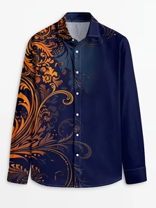 Detail of men's long sleeve shirt with asymmetric baroque floral pattern and button closure