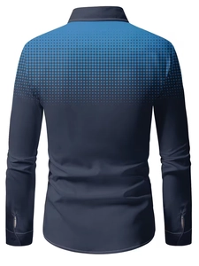Detail view of the back of a slim-fit men's long-sleeve shirt with blue dot pattern