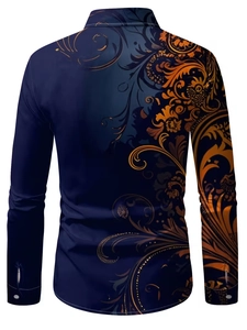 Back view of a slim-fit navy long sleeve shirt with golden baroque floral print details