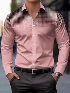 Detail of light pink men's long sleeve shirt with black polka dot gradient on shoulders
