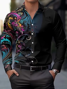 Detail of men's long-sleeve shirt with baroque floral print and black patchwork design