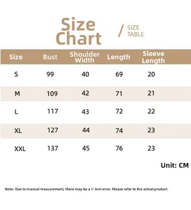 Size chart for women's short sleeve shirt showing bust and length measurements