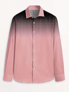 Detailed close-up of pink and black halftone dot print on men's long sleeve button shirt